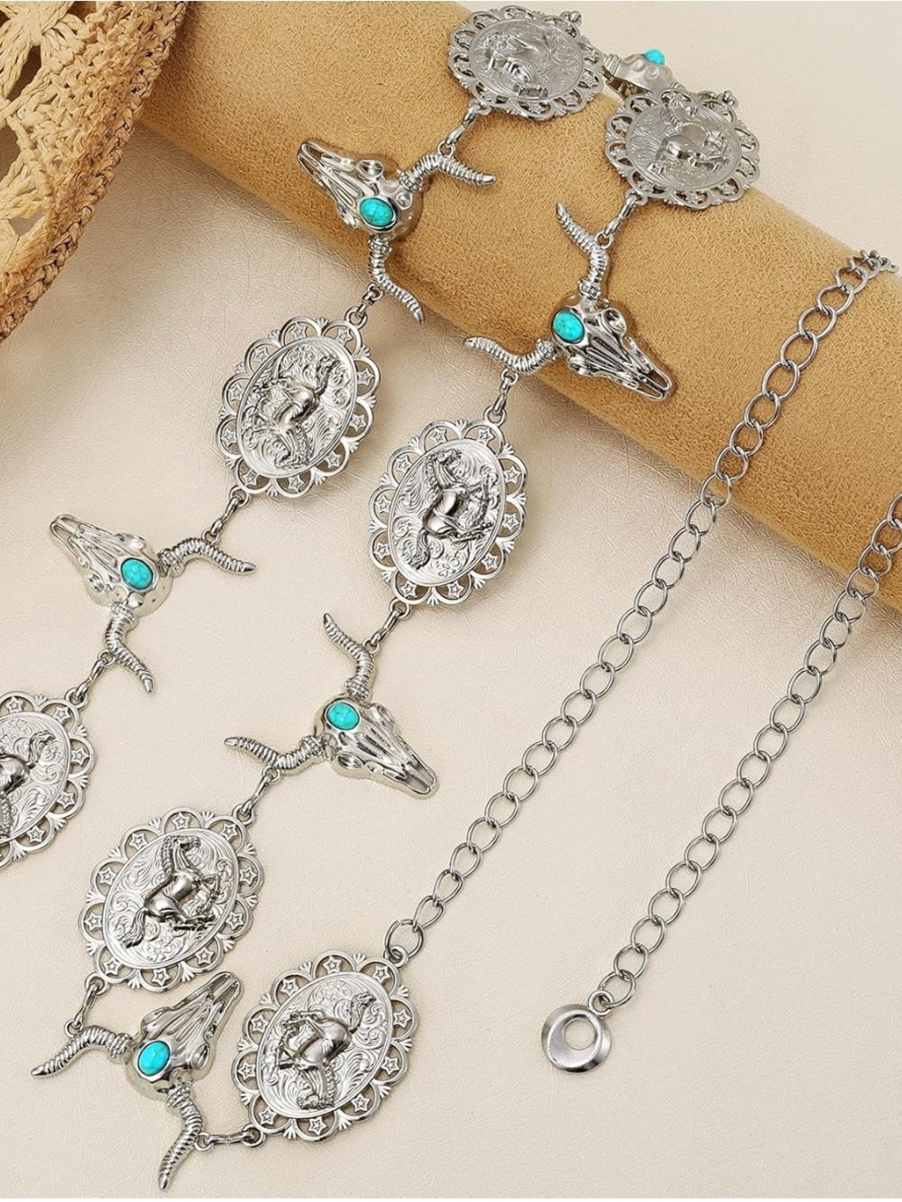 NWT Western Silver-Tone Concho Cow Skull Chain Belt with Turquoise Accents